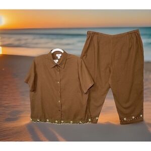 Reese Kelly 3 Piece Womens Size 2X Top Tank & Capris Brown Linen Blend Set